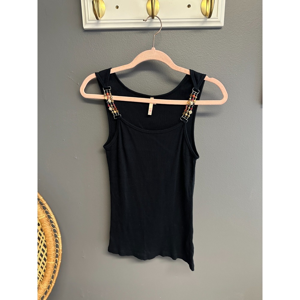 Me & Ko Y2K Ribbed Black Tank Top Womens Sz M Beaded Boho Vintage 90s Casual